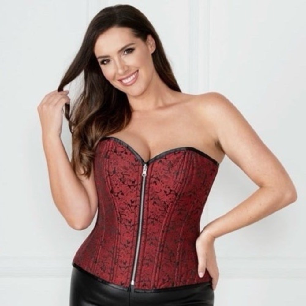 Corset Story Overbust Corset Womens 38 Red Black Lace Up Goth Victorian Floral